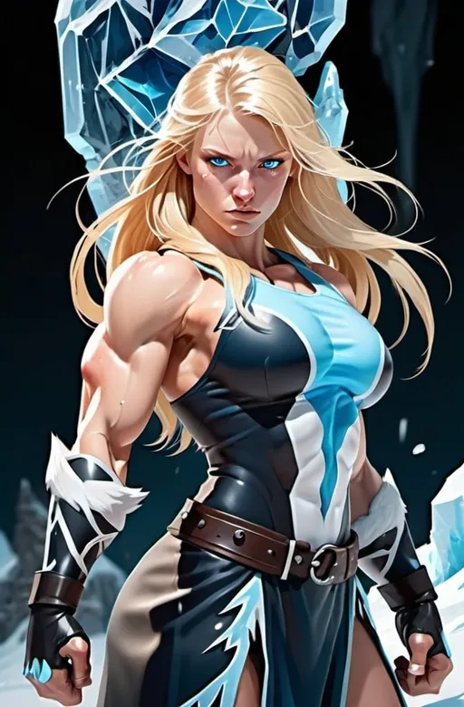 Prompt: Female figure. Greater bicep definition. Sharper, clearer blue eyes. Nosebleed. Long Blonde hair flapping. Frostier, glacier effects. Fierce combat stance. Icy Knuckles.