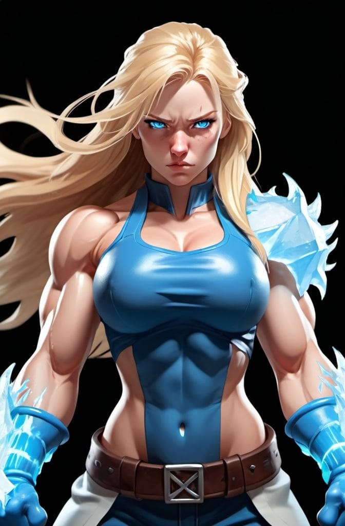 Prompt: Female figure. Greater bicep definition. Sharper, clearer blue eyes. Nosebleed. Long Blonde hair flapping. Frostier, glacier effects. Fierce combat stance. Raging Fists. Icy Knuckles. 