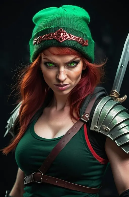 Prompt: Evil red-haired warrior woman, wearing a green beanie and a mischievous smirk. Carmine, red eyes. Fierce combat stance. 