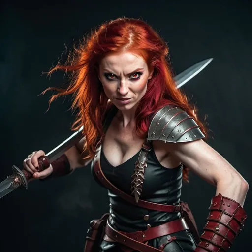 Prompt: Evil red-haired warrior woman with a mischievous grin. Carmine, red eyes. Fierce combat stance.