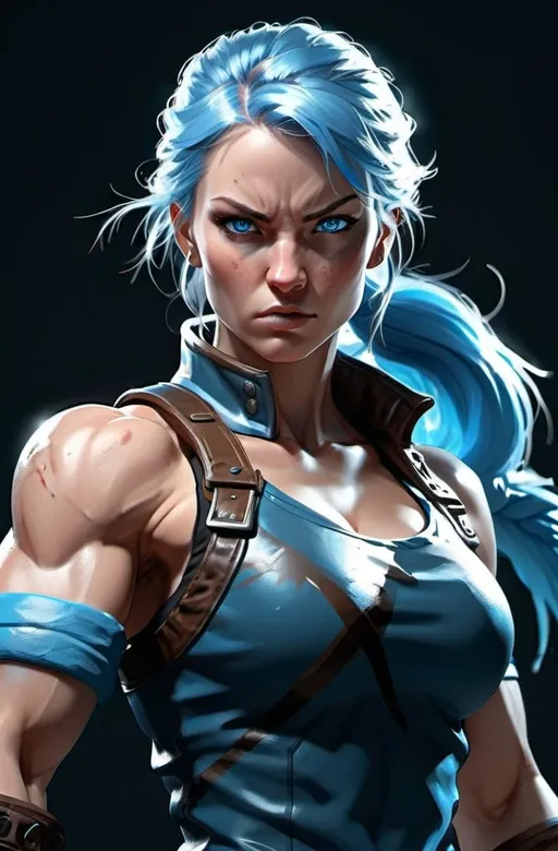 Prompt: Female figure. Greater bicep definition. Sharper, clearer blue eyes.  Frostier, glacier effects.  Fierce combat stance. Raging Fists. 
