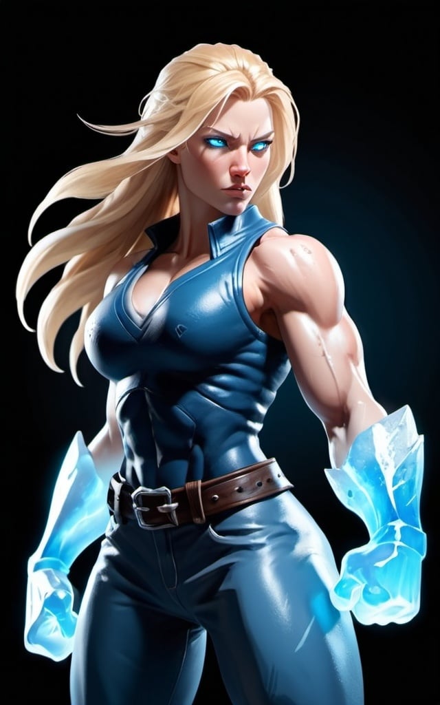 Prompt: Female figure. Greater bicep definition. Sharper, clearer blue eyes. Long Blonde hair flapping. Frostier, glacier effects. Fierce combat stance. Icy Knuckles. Raging Fists.