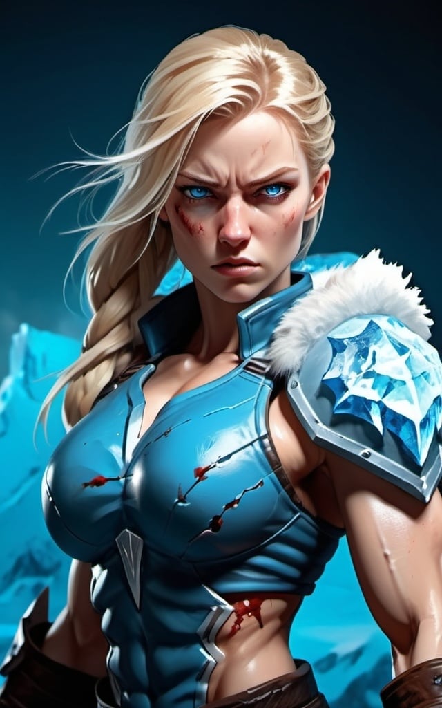 Prompt: Female figure. Greater bicep definition. Sharper, clearer blue eyes. Bleeding. Long Blonde hair flapping. Frostier, glacier effects. Fierce combat stance. Raging Fists. Icy Knuckles. 