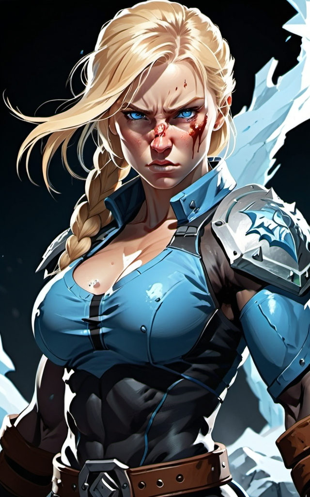 Prompt: Female figure. Greater bicep definition. Sharper, clearer blue eyes. Bleeding. Long Blonde hair flapping. Frostier, glacier effects. Fierce combat stance. Raging Fists.