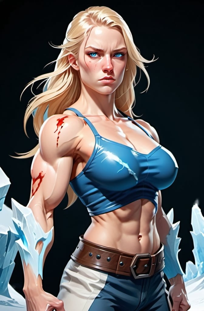 Prompt: Female figure. Greater bicep definition. Sharper, clearer blue eyes. Nosebleed. Long Blonde hair flapping. Frostier, glacier effects. Fierce combat stance. Icy Knuckles.