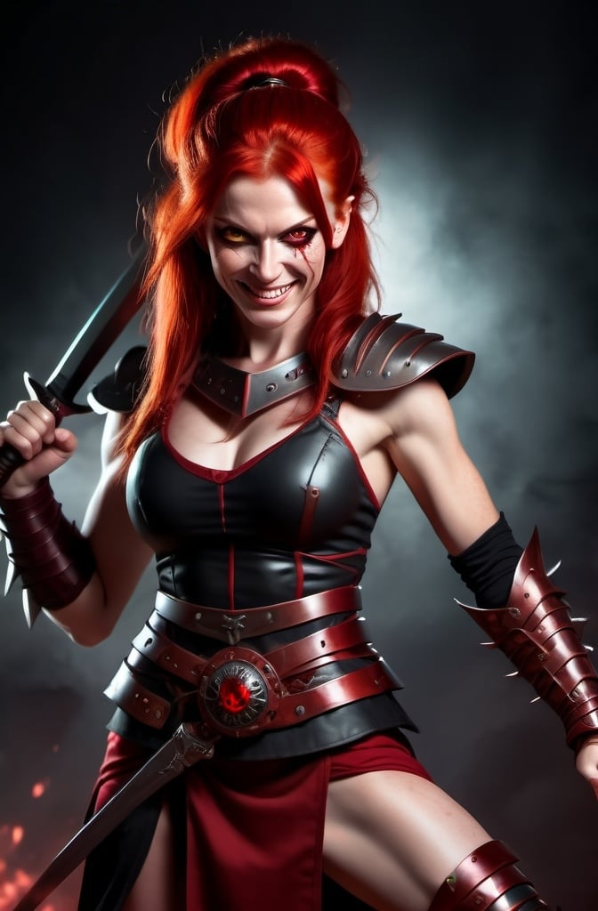 Prompt: Evil red-haired warrior woman with a mischievous grin. Carmine, red eyes. Fierce combat stance.