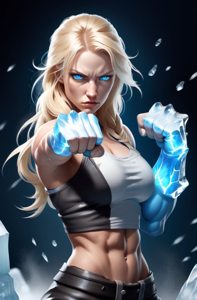 Prompt: Female figure. Greater bicep definition. Sharper, clearer blue eyes. Nosebleed. Long Blonde hair flapping. Frostier, glacier effects. Fierce combat stance. Raging Fists. Icy Knuckles.