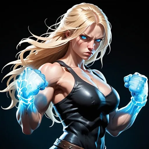 Prompt: Female figure. Greater bicep definition. Sharper, clearer blue eyes. Nosebleed. Long Blonde hair flapping. Frostier, glacier effects. Fierce combat stance. Raging Fists. Icy Knuckles. 