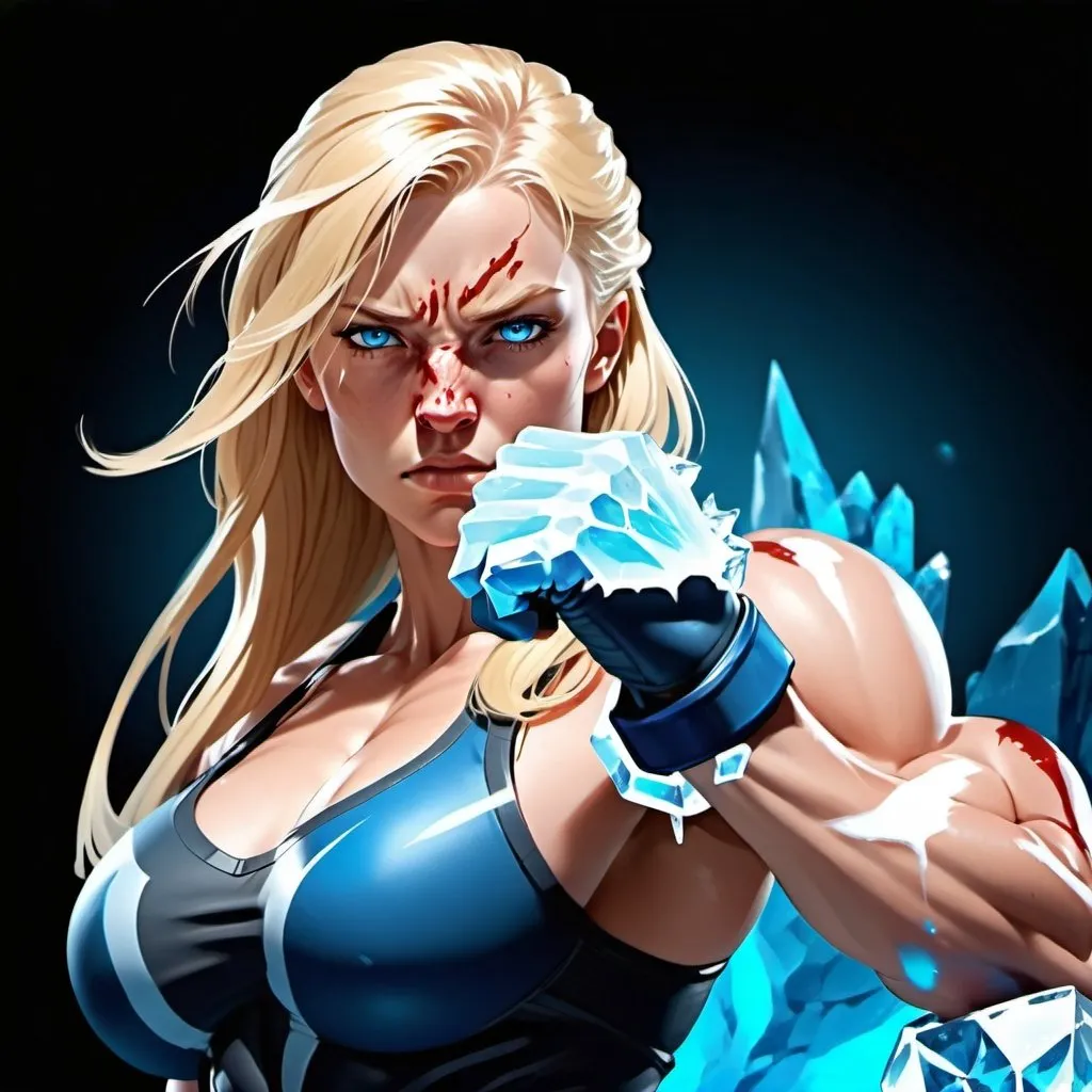 Prompt: Female figure. Greater bicep definition. Sharper, clearer blue eyes. Nosebleed. Long Blonde hair flapping. Frostier, glacier effects. Fierce combat stance. Icy Knuckles.