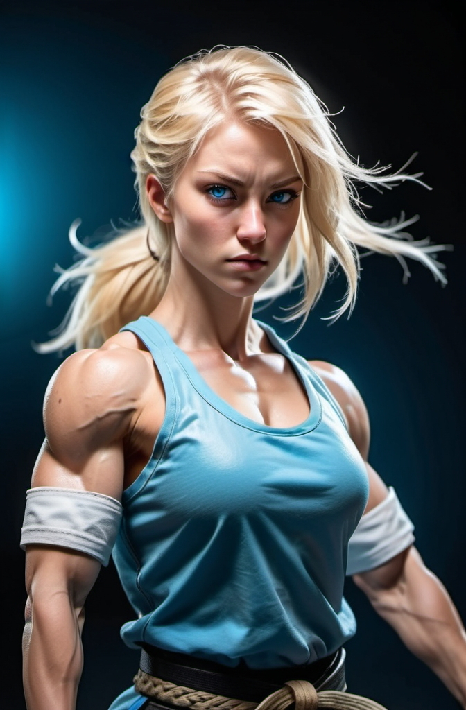 Prompt: Female figure. Greater bicep definition. Sharper, clearer blue eyes. Blonde hair flapping. Frostier, glacier effects. Fierce combat stance. Martial artist. 