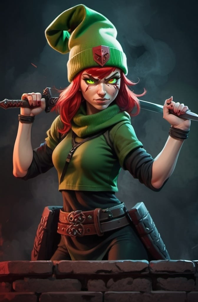 Prompt: Evil red-haired warrior woman, wearing a green beanie and a mischievous smirk. Carmine, red eyes. Fierce combat stance. 