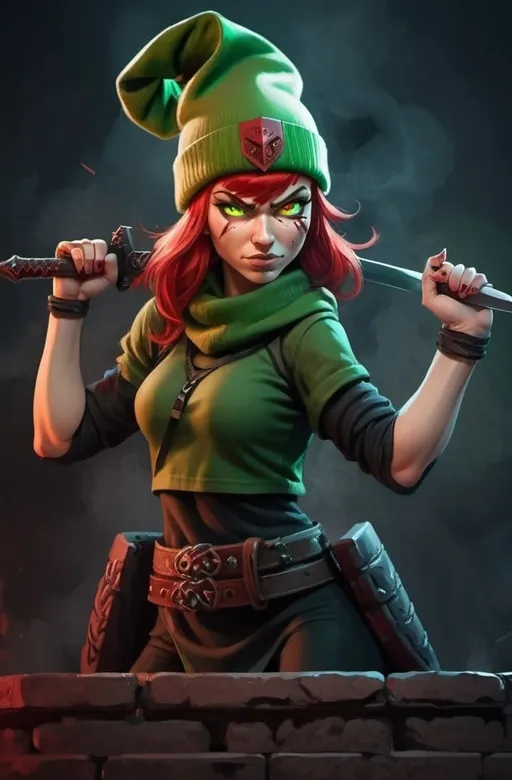 Prompt: Evil red-haired warrior woman, wearing a green beanie and a mischievous smirk. Carmine, red eyes. Fierce combat stance. 