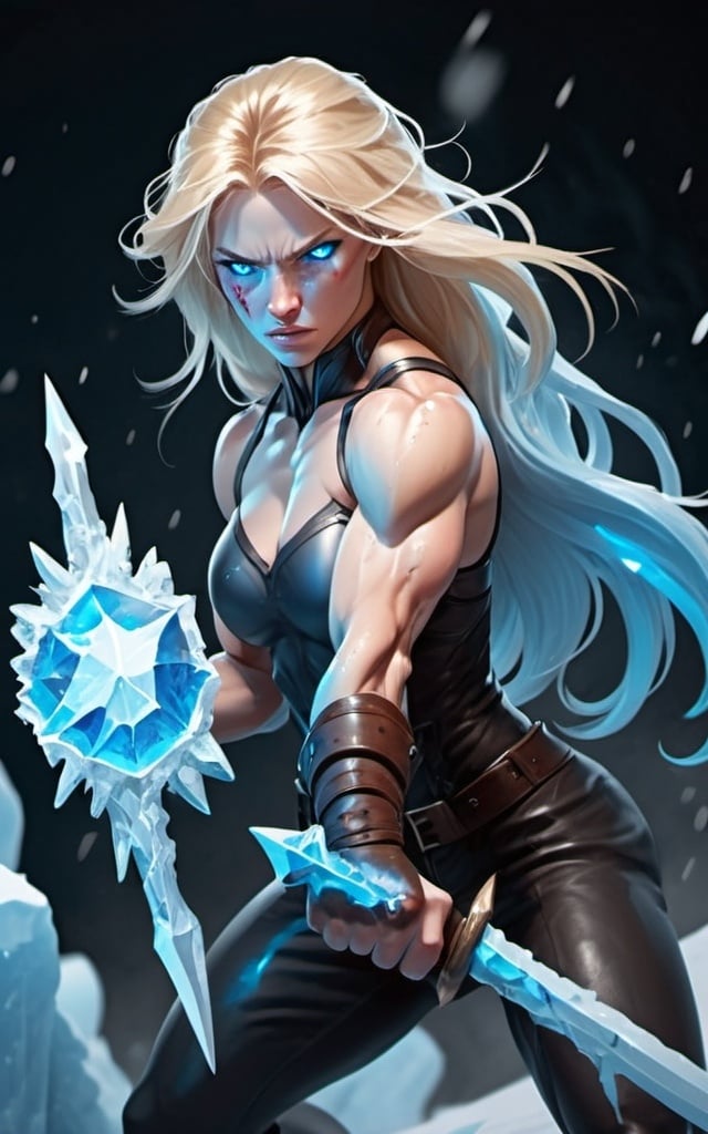 Prompt: Female figure. Greater bicep definition. Sharper, clearer blue eyes. Bleeding. Long Blonde hair flapping. Frostier, glacier effects. Fierce combat stance. Icy Knuckles. 