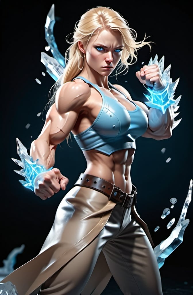 Prompt: Female figure. Greater bicep definition. Sharper, clearer blue eyes. Nosebleed. Long Blonde hair flapping. Frostier, glacier effects. Fierce combat stance. icy Knuckles.