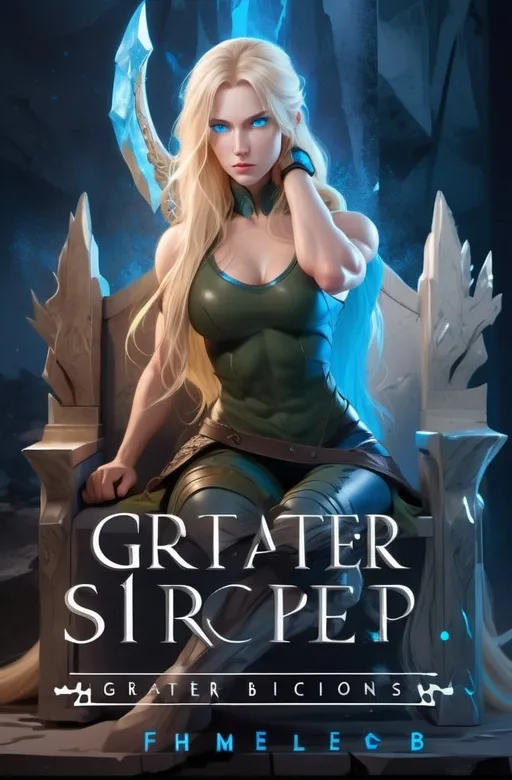 Prompt: Female figure. Greater bicep definition. Sharper, clearer blue eyes. Long Blonde hair flapping. Frostier, glacier effects. Fierce combat stance. Sitting on a throne. Resting her cheek on her hand.