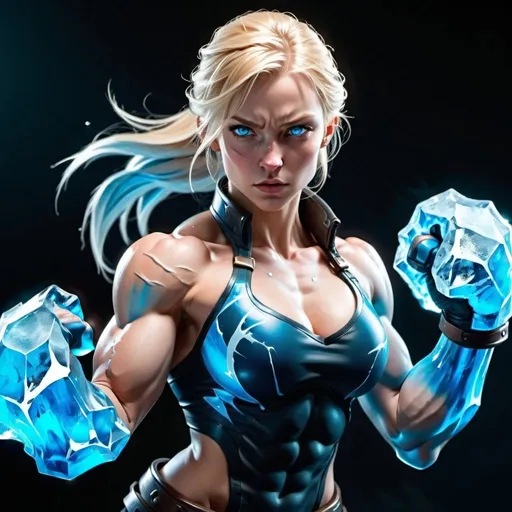 Prompt: Female figure. Greater bicep definition. Sharper, clearer blue eyes. Nosebleed. Long Blonde hair flapping. Frostier, glacier effects. Fierce combat stance. icy Knuckles.