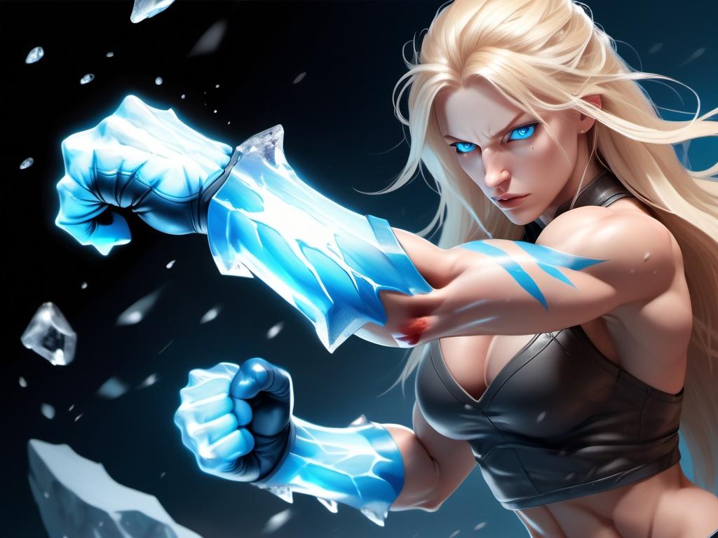 Prompt: Female figure. Greater bicep definition. Sharper, clearer blue eyes. Nosebleed. Long Blonde hair flapping. Frostier, glacier effects. Fierce combat stance. Raging Fists. Icy Knuckles.