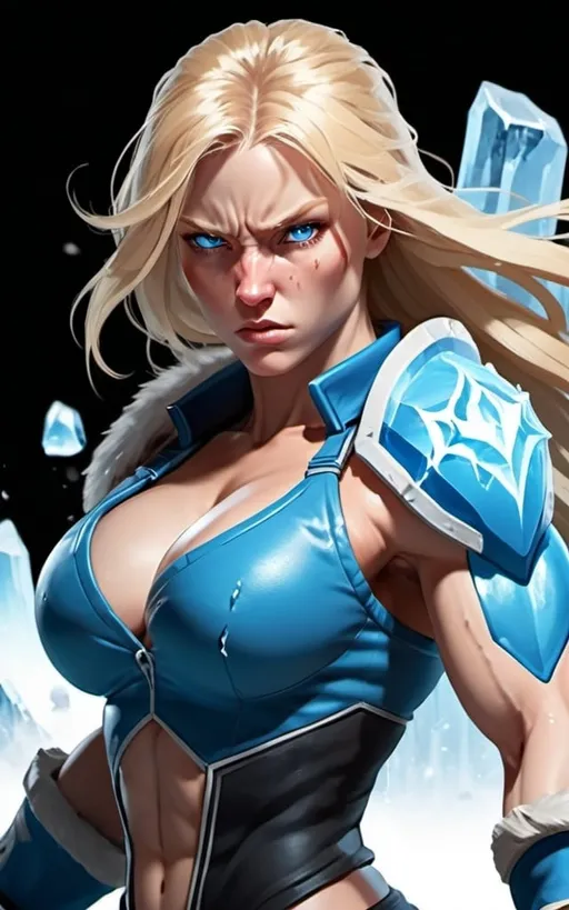 Prompt: Female figure. Greater bicep definition. Sharper, clearer blue eyes. Nosebleed. Long Blonde hair flapping. Frostier, glacier effects. Fierce combat stance. Raging Fists. Icy Knuckles. 