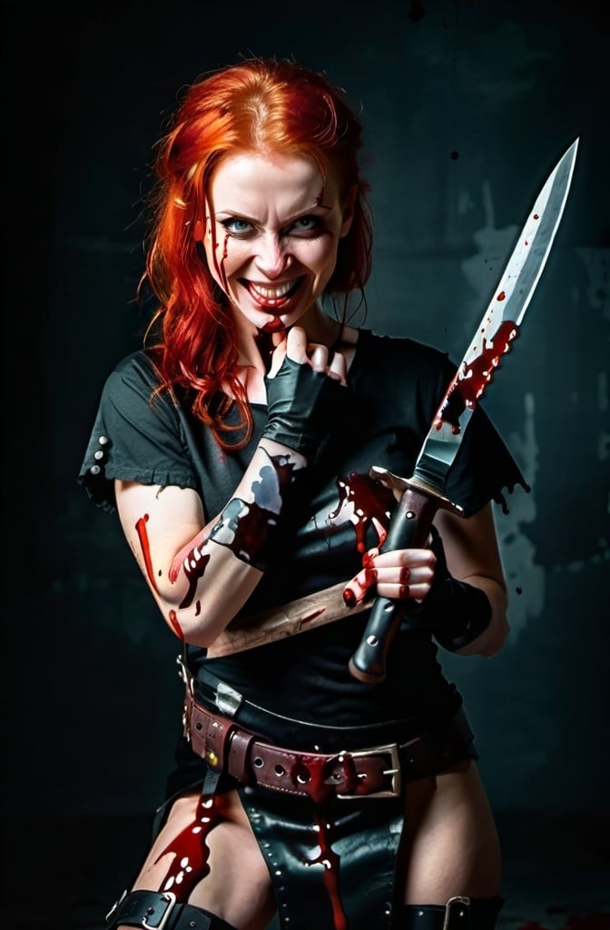 Prompt: Evil Red-haired warrior woman with a knife covered in blood. Conniving grin. 