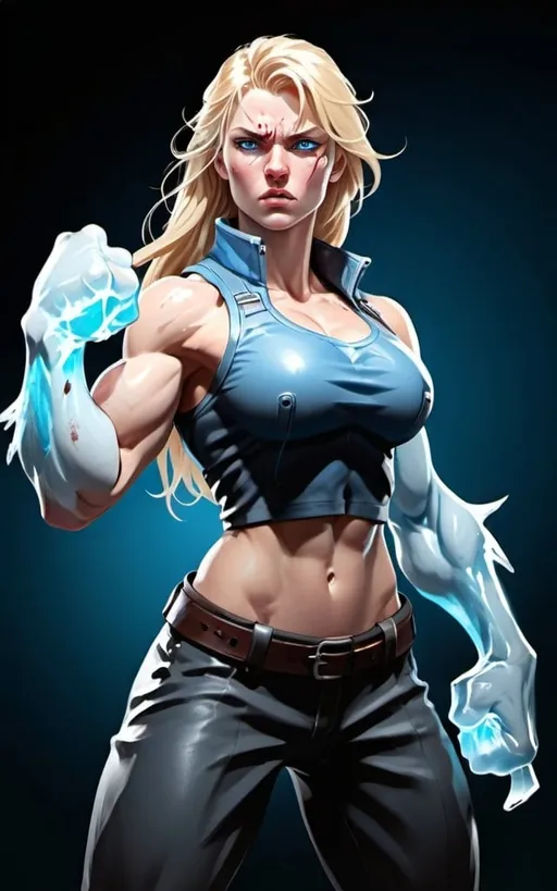 Prompt: Female figure. Greater bicep definition. Sharper, clearer blue eyes. Nosebleed. Long Blonde hair flapping. Frostier, glacier effects. Fierce combat stance. Icy Knuckles. Enraged.