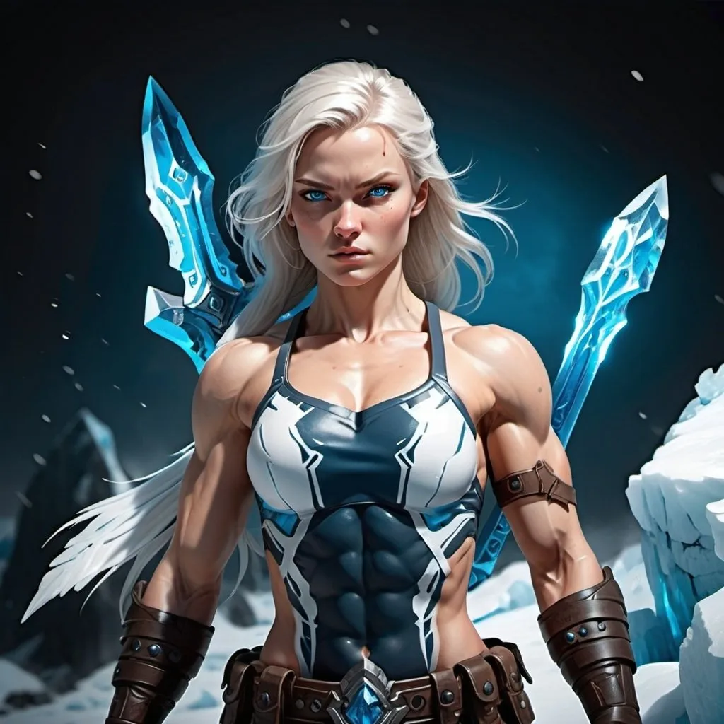 Prompt: Female figure. Greater bicep definition. Sharper, clearer blue eyes.  Frostier, glacier effects. Fierce combat stance. 