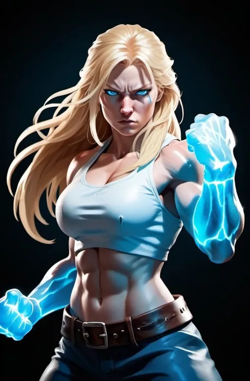 Prompt: Female figure. Greater bicep definition. Sharper, clearer blue eyes. Nosebleed. Long Blonde hair flapping. Frostier, glacier effects. Fierce combat stance. Raging Fists. Icy Knuckles. 