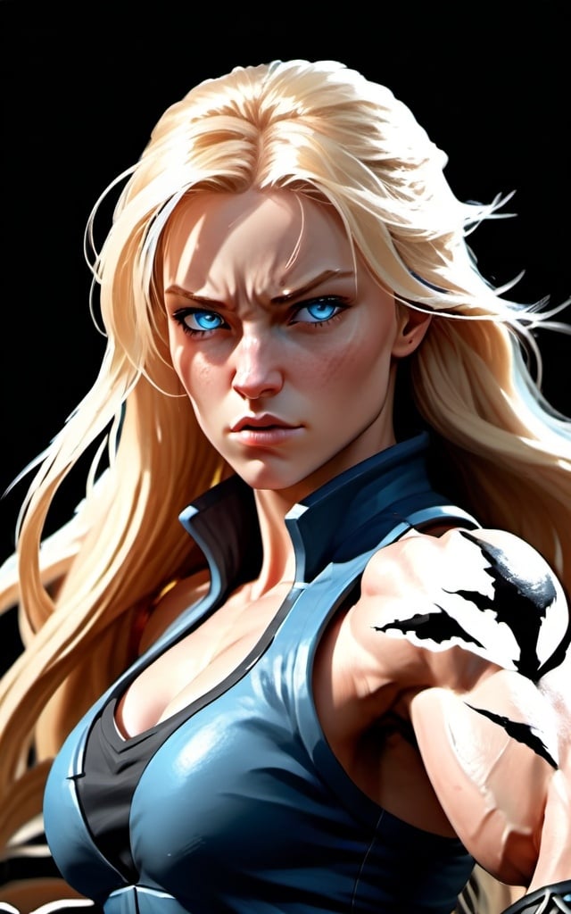 Prompt: Female figure. Greater bicep definition. Sharper, clearer blue eyes. Long Blonde hair flapping. Frostier, glacier effects. Fierce combat stance. Raging Fists.