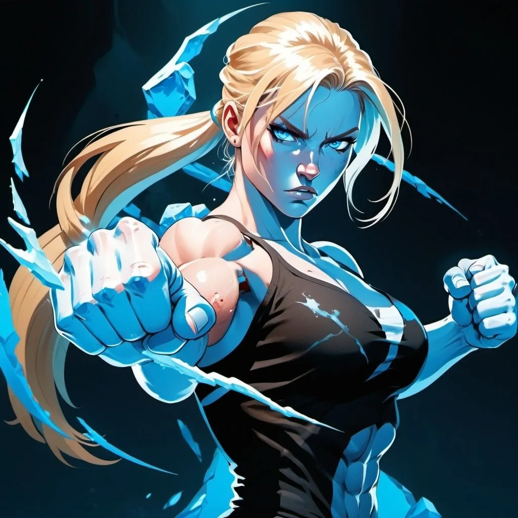 Prompt: Female figure. Greater bicep definition. Sharper, clearer blue eyes. Bleeding. Long Blonde hair flapping. Frostier, glacier effects. Fierce combat stance. Raging Fists. Icy Knuckles. 