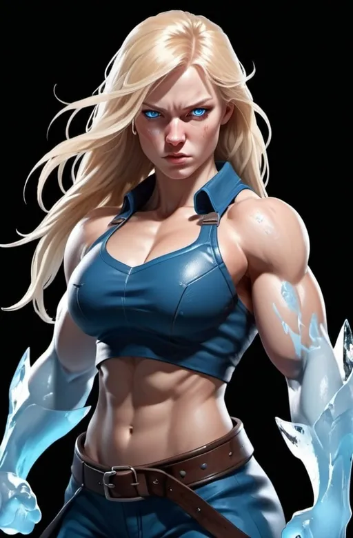 Prompt: Female figure. Greater bicep definition. Sharper, clearer blue eyes. Nosebleed. Long Blonde hair flapping. Frostier, glacier effects. Fierce combat stance. Icy Knuckles. 