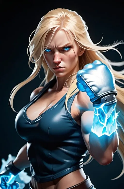 Prompt: Female figure. Greater bicep definition. Sharper, clearer blue eyes. Nosebleed. Long Blonde hair flapping. Frostier, glacier effects. Fierce combat stance. Raging Fists. Icy Knuckles.