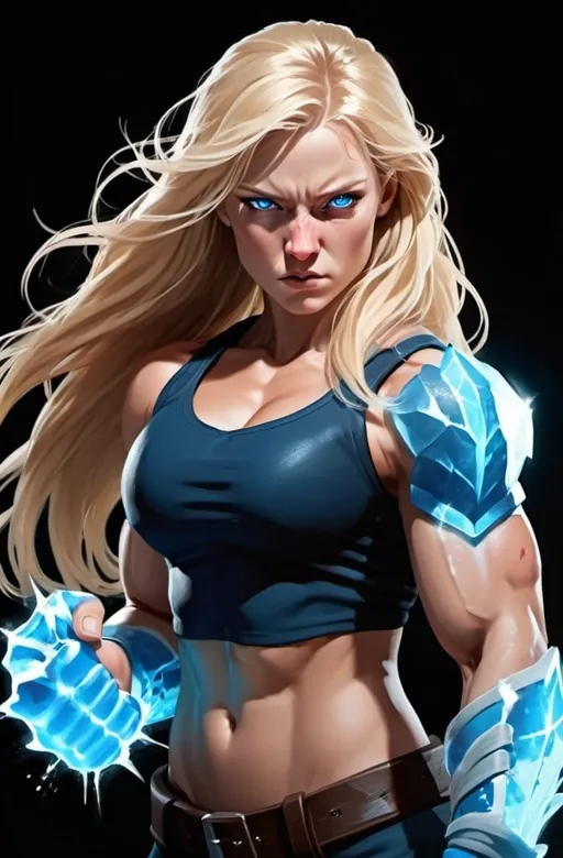 Prompt: Female figure. Greater bicep definition. Sharper, clearer blue eyes. Nosebleed. Long Blonde hair flapping. Frostier, glacier effects. Fierce combat stance. Icy Fists. 
