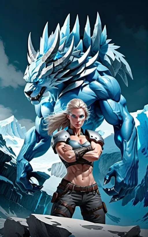 Prompt: Female figure. Greater bicep definition. Sharper, clearer blue eyes.  Frostier, glacier effects. Fierce combat stance. 