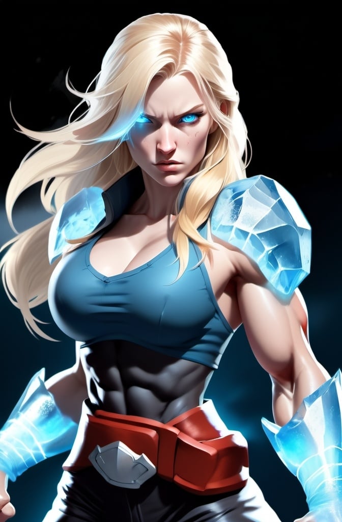 Prompt: Female figure. Greater bicep definition. Sharper, clearer blue eyes. Nosebleed. Long Blonde hair flapping. Frostier, glacier effects. Fierce combat stance. Raging Fists. Icy Knuckles.