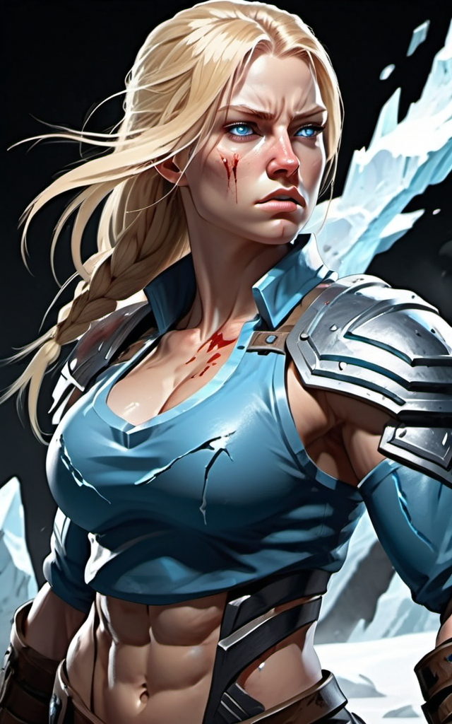 Prompt: Female figure. Greater bicep definition. Sharper, clearer blue eyes. Bleeding. Long Blonde hair flapping. Frostier, glacier effects. Fierce combat stance.