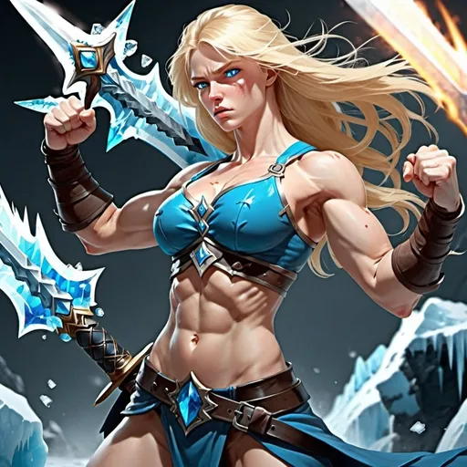 Prompt: Female figure. Greater bicep definition. Sharper, clearer blue eyes. Nosebleed. Long Blonde hair flapping. Frostier, glacier effects. Fierce combat stance. Ice Daggers. 