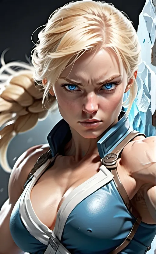 Prompt: Female figure. Greater bicep definition. Sharper, clearer blue eyes. Blonde hair  flapping. Frostier, glacier effects. Fierce combat stance. 