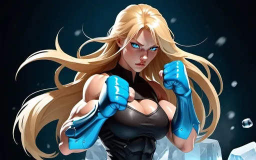 Prompt: Female figure. Greater bicep definition. Sharper, clearer blue eyes. Nosebleed. Long Blonde hair flapping. Frostier, glacier effects. Fierce combat stance. Raging Fists. Icy Knuckles. 