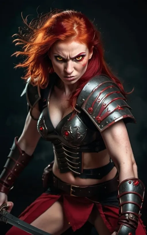 Prompt: Evil red-haired warrior woman with a mischievous expression. Carmine, red eyes. Fierce combat stance.