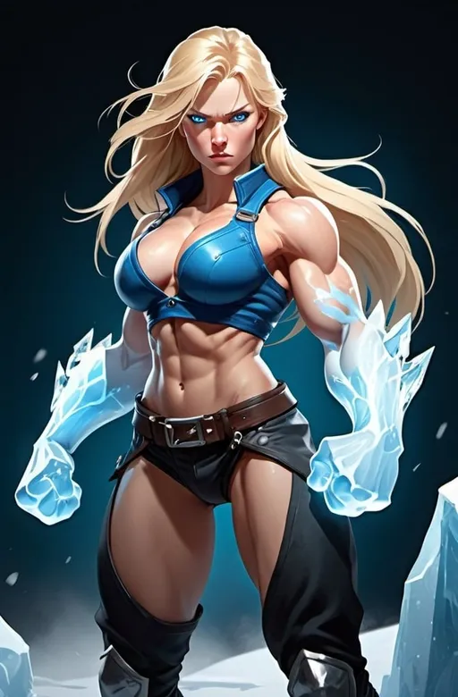 Prompt: Female figure. Greater bicep definition. Sharper, clearer blue eyes. Long Blonde hair flapping. Frostier, glacier effects. Fierce combat stance. Icy Knuckles. Raging Fists.