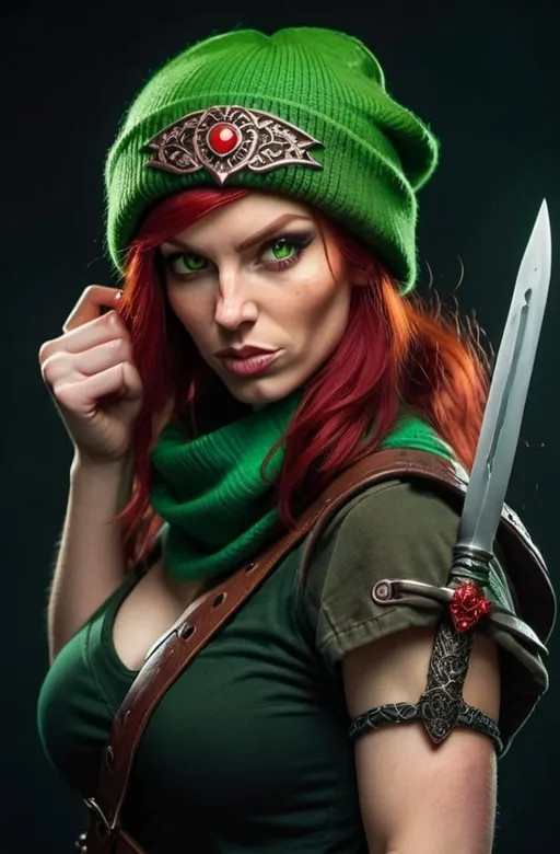 Prompt: Evil red-haired warrior woman, wearing a green beanie and a mischievous smirk. Carmine red eyes. Carries daggers. 