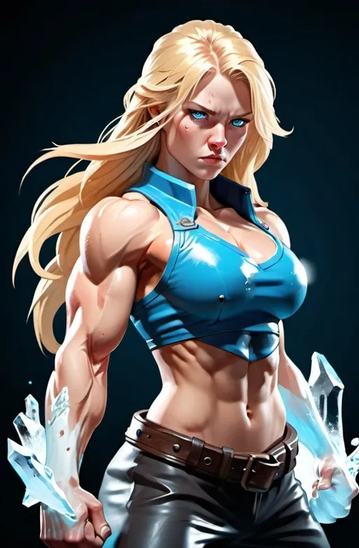 Prompt: Female figure. Greater bicep definition. Sharper, clearer blue eyes. Nosebleed. Long Blonde hair flapping. Frostier, glacier effects. Fierce combat stance. Icy Knuckles.