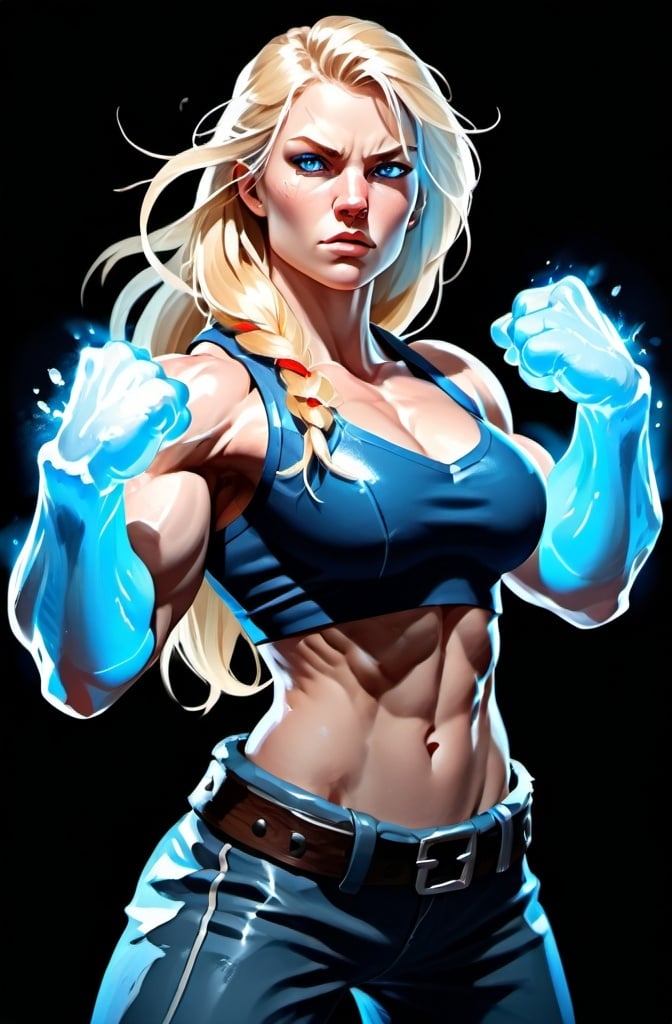 Prompt: Female figure. Greater bicep definition. Sharper, clearer blue eyes. Long Blonde hair flapping. Frostier, glacier effects. Fierce combat stance. Icy Knuckles. Raging Fists.