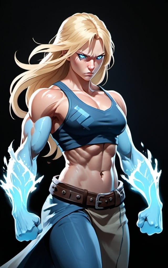 Prompt: Female figure. Greater bicep definition. Sharper, clearer blue eyes. Nosebleed. Long Blonde hair flapping. Frostier, glacier effects. Fierce combat stance. Raging Fists.