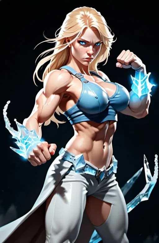 Prompt: Female figure. Greater bicep definition. Sharper, clearer blue eyes. Nosebleed. Long Blonde hair flapping. Frostier, glacier effects. Fierce combat stance. icy Knuckles.