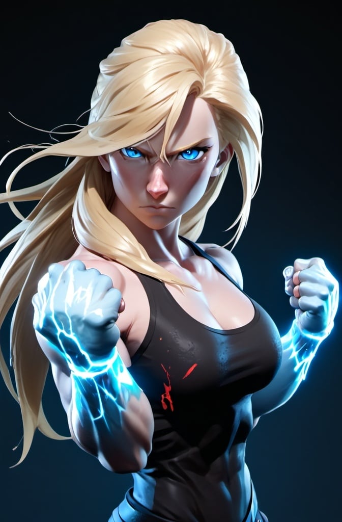 Prompt: Female figure. Greater bicep definition. Sharper, clearer blue eyes. Nosebleed. Long Blonde hair flapping. Frostier, glacier effects. Fierce combat stance. Raging Fists. Icy Knuckles. 