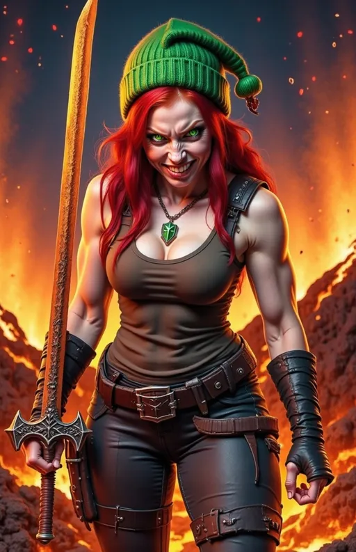 Prompt: @wbV7YKlXTFt2cBPb46HT A fierce female warrior in a dynamic combat stance, her body poised for action, with glowing lava fists ready to strike. Her expression is one of confidence, highlighted by an evil smirk that conveys her determination. The scene is set in a volcanic landscape, with molten lava bubbling around her feet and ash swirling in the air, creating an intense atmosphere. The lighting is dramatic, with the fiery glow of the lava illuminating her figure and casting flickering shadows. The camera angle is low, emphasizing her powerful stance and the chaotic environment, capturing the energy of the moment as she prepares for battle.