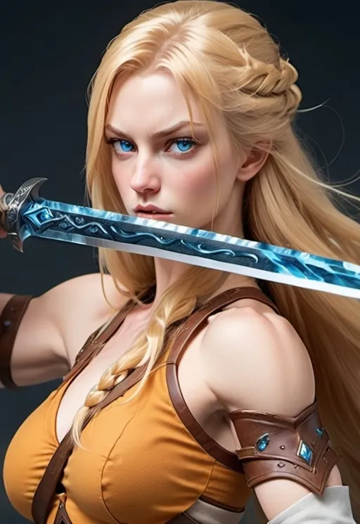 Prompt: Female figure. Greater bicep definition. Sharper, clearer blue eyes. Nosebleed. Long Blonde hair flapping. Frostier, glacier effects. Fierce combat stance. Ice Sword. 