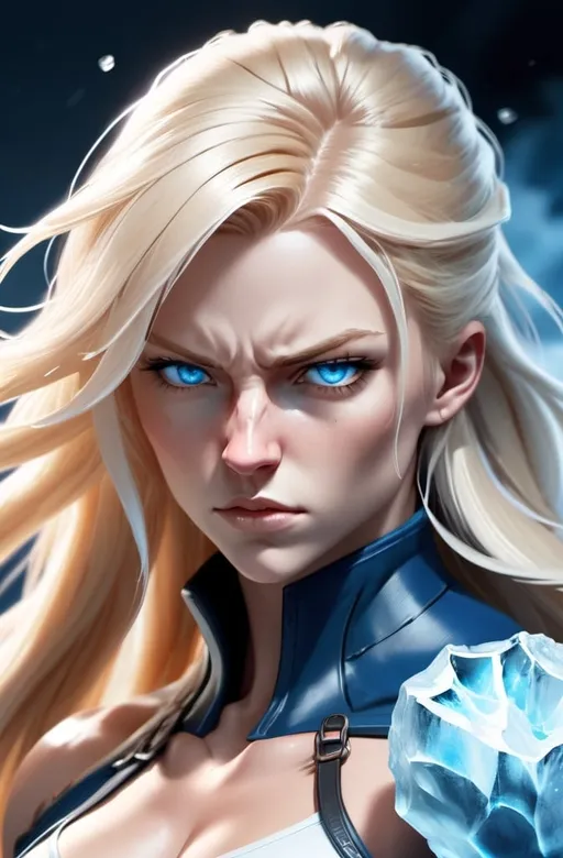 Prompt:  Female figure. Greater bicep definition. Sharper, clearer blue eyes. Nosebleed. Long Blonde hair flapping. Frostier, glacier effects. Fierce combat stance. Raging Fists. Icy Knuckles.  