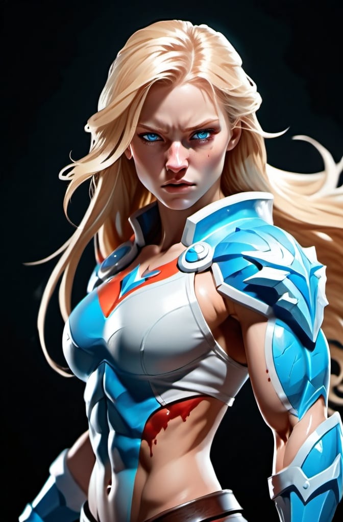 Prompt: Female figure. Greater bicep definition. Sharper, clearer blue eyes. Nosebleed. Long Blonde hair flapping. Frostier, glacier effects. Fierce combat stance. Icy Knuckles.