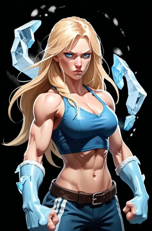 Prompt: Female figure. Greater bicep definition. Sharper, clearer blue eyes. Nosebleed. Long Blonde hair flapping. Frostier, glacier effects. Fierce combat stance. Raging Fists. Icy Knuckles. 